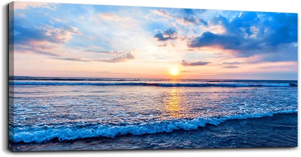 Canvas Wall Art - Blue Beach Ocean Sea Waves Landscape