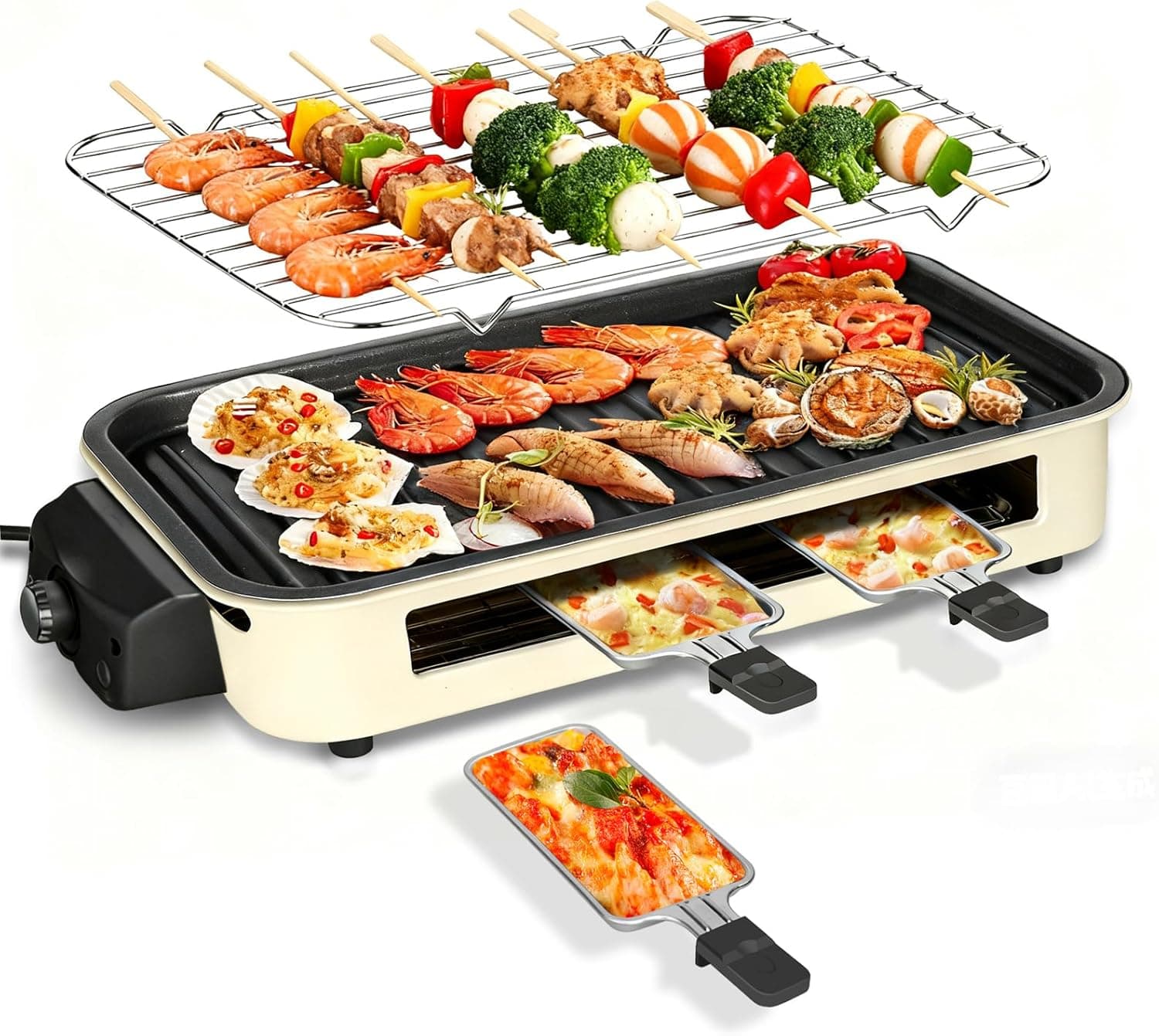YOHAWJAN electric indoor grill with raclette pans on kitchen counter
