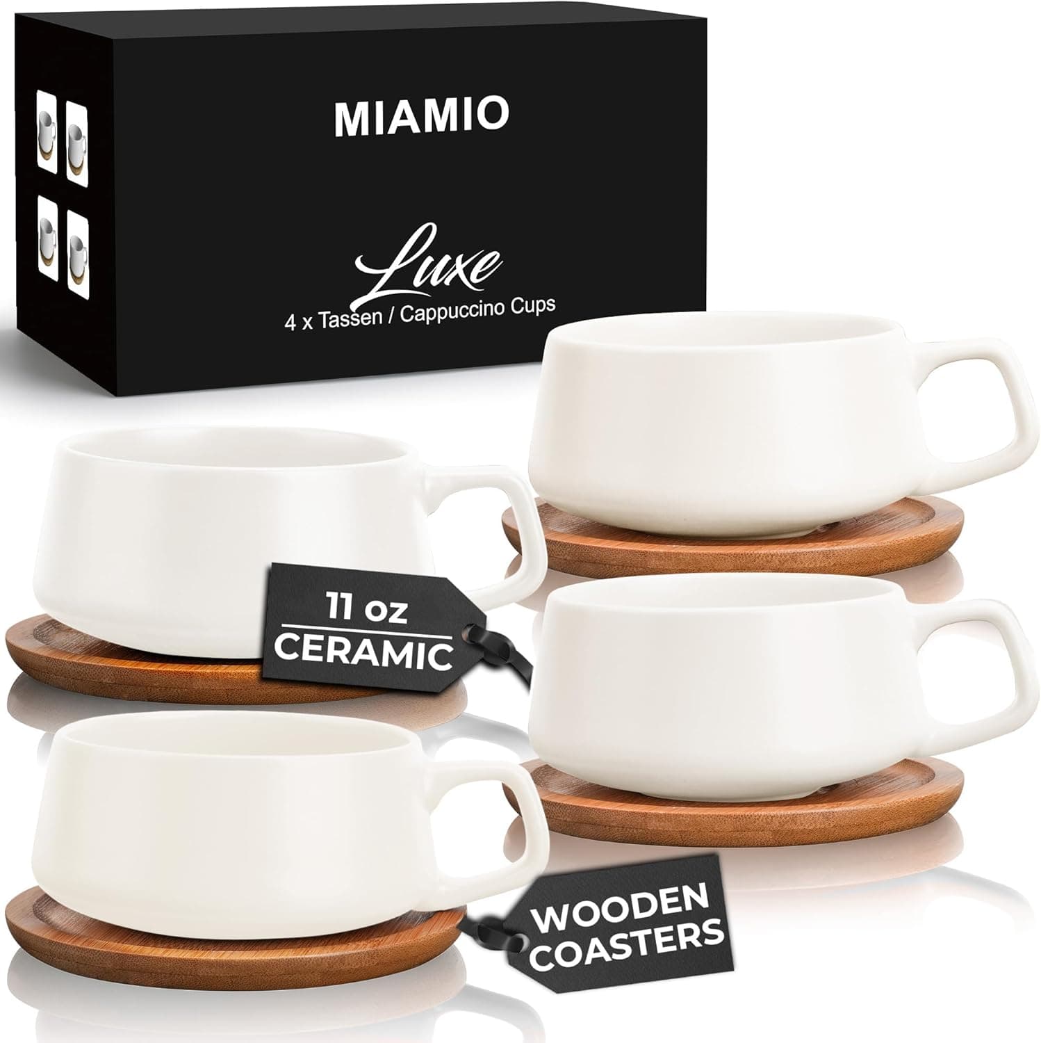 MIAMIO Luxe 11oz Cup & Saucer Set (4βPack, White)