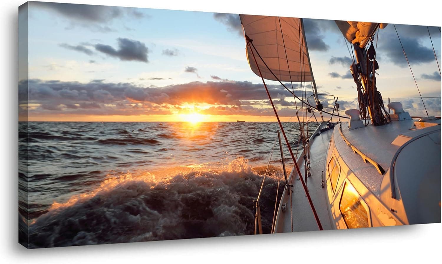 Yacht Sailing in Sea at Sunset Canvas Wall Art (24x48")