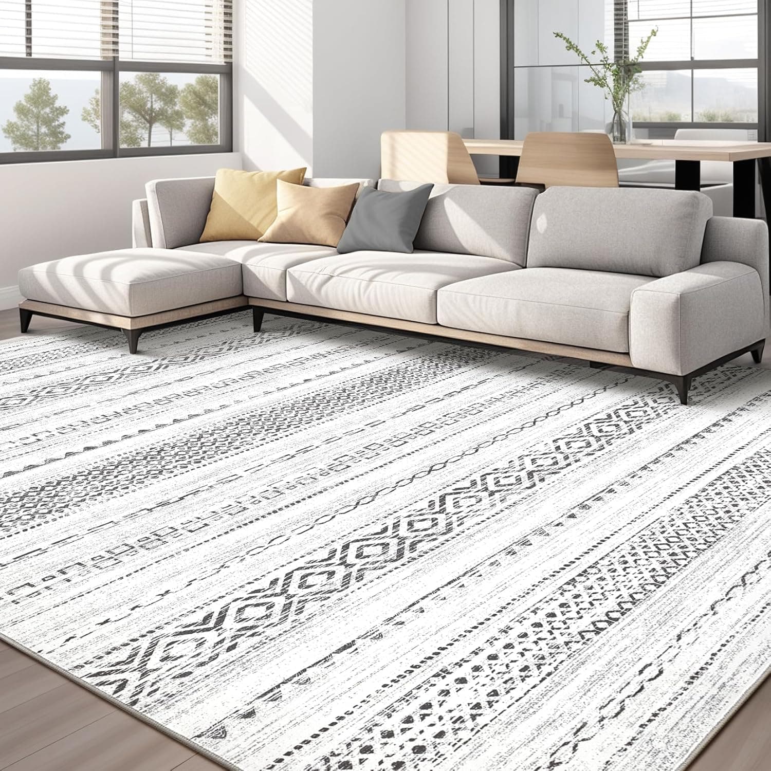 Area Rug 8x10 Washable Boho Moroccan Geometric (Square Grey)